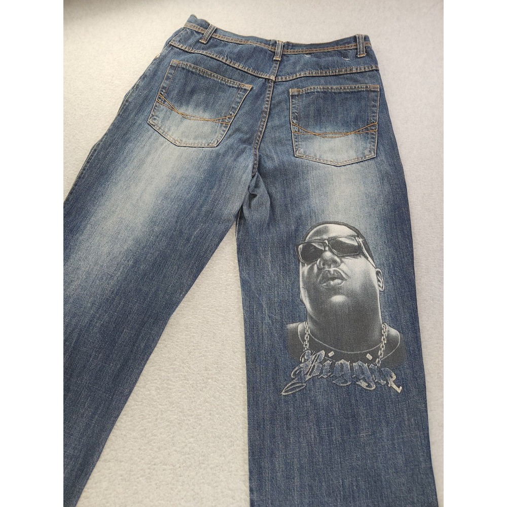 Vintage Nakuz Biggie B.I.G. Jeans Portrait Art Distressed Denim‎ Blue Size 34x32